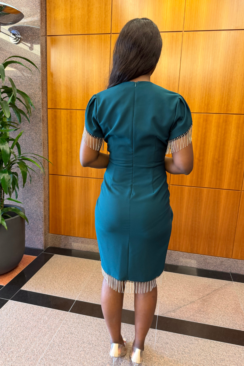 Teal Rhinestone Fringe Wrap Dress