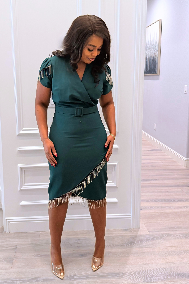 Teal Rhinestone Fringe Wrap Dress