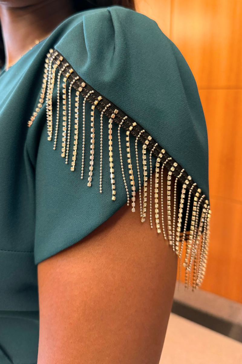 Teal Rhinestone Fringe Wrap Dress